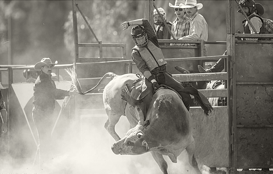 Bull riding event with a cowboy on a bucking bull in a rodeo arena.