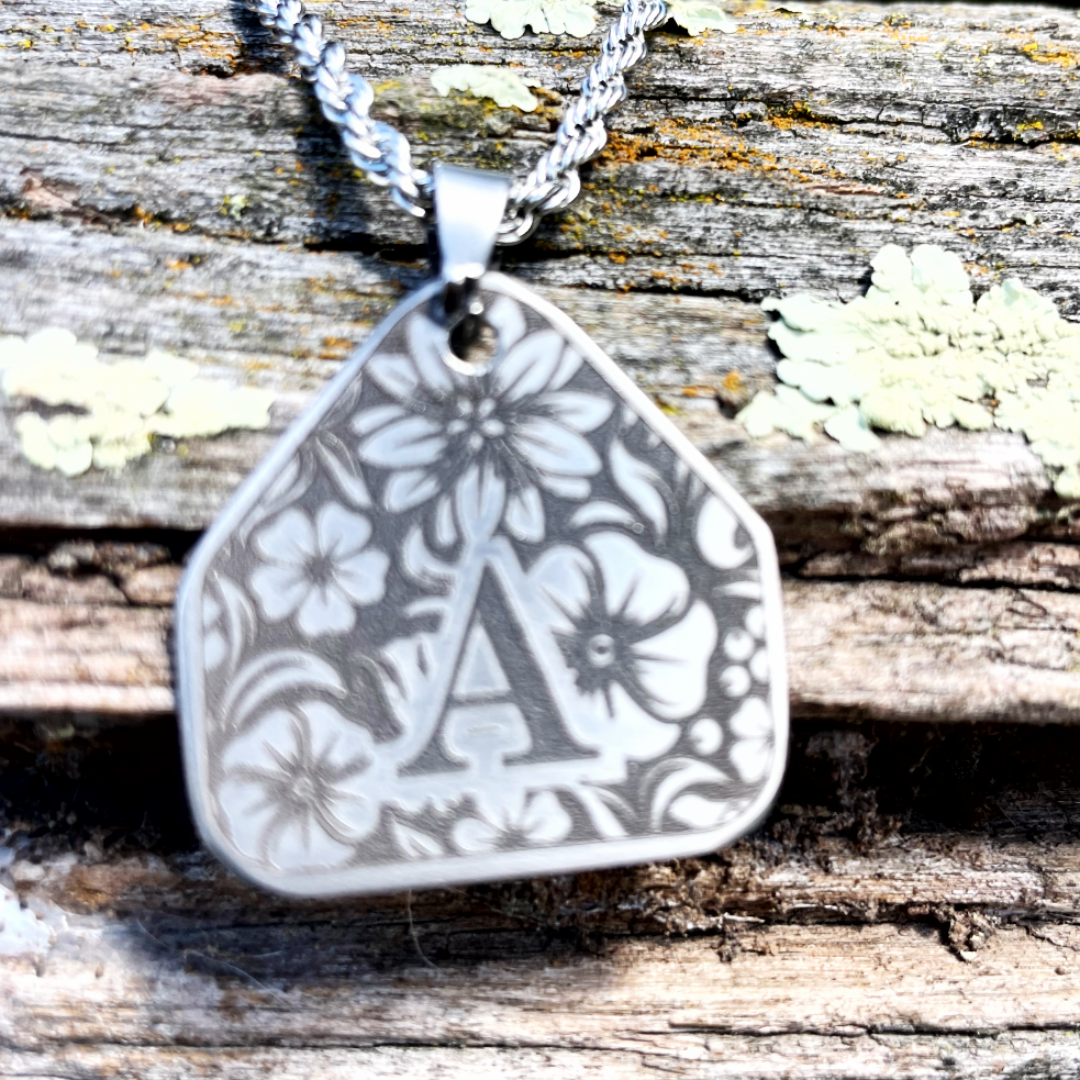 Country Flower - Initial Cattle Tag Necklace